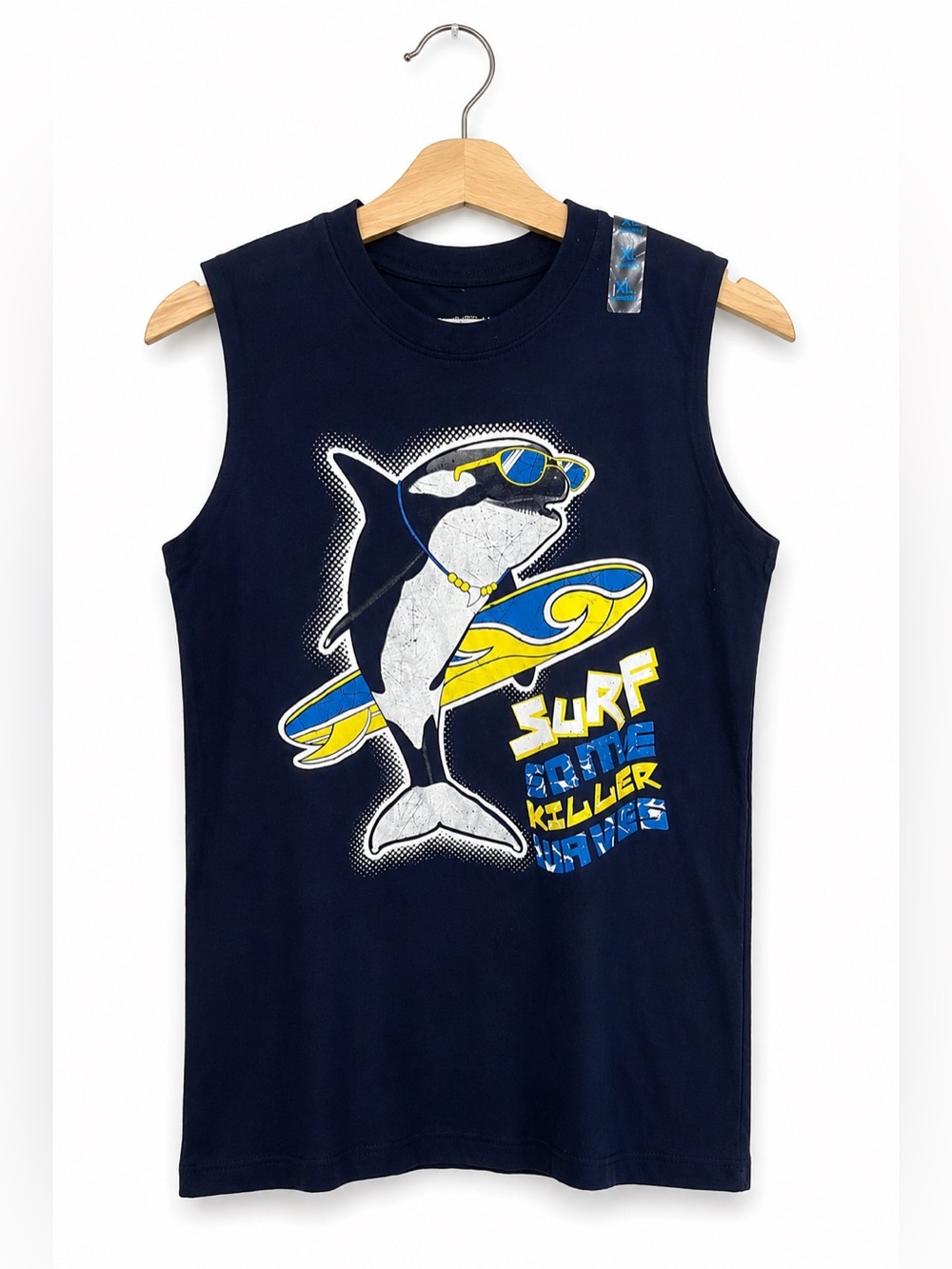 The Children's Place Boys Tank Top Size XL 14 Navy Blue Shark Surf Killer Waves